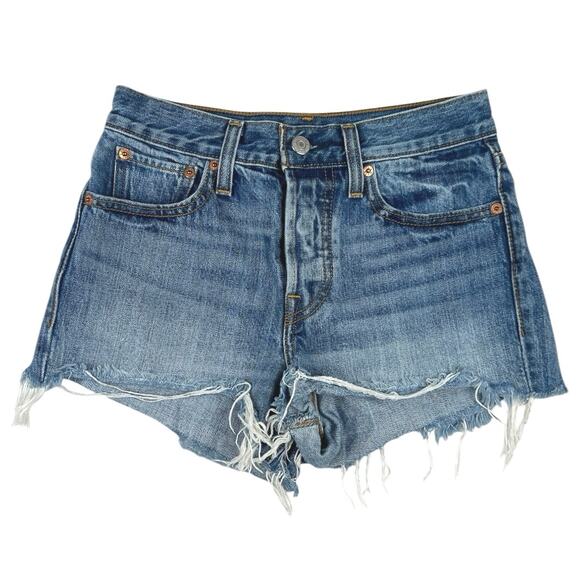 Levi's Blue Medium Wash Mid Rise Distressed Frayed Raw Hem Denim Jeans Shorts 25 - Picture 1 of 5